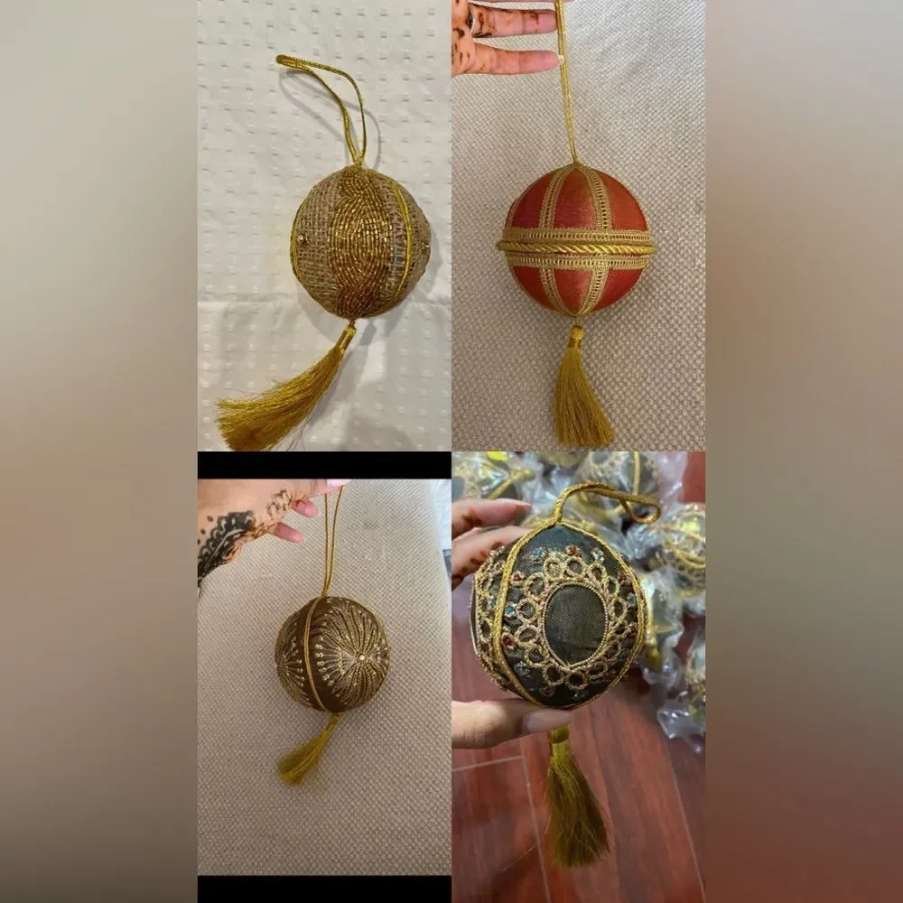 Set of 10 Gold Embroidered Christmas Tree Holiday Ornaments